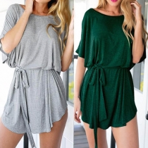 Casual Style Solid Color Round Neck Bat Sleeve Gathered Waist Dress