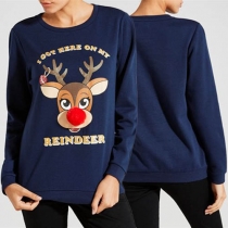 Cute Style Puffer Ball Reindeer Printed Long Sleeve Round Neck Sweatshirt