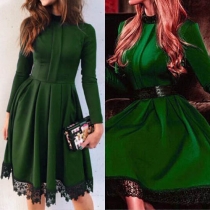 Elegant Solid Color Lace Spliced Round Neck Long Sleeve Gathered Waist Dress