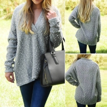 Stylish V-neck Long Sleeve Loose-fitting Jacquard Sweater