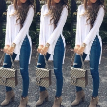 Casual Style Solid Color Long Sleeve Round Neck Side Slit High-low Hemline T-shirt