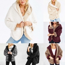 Trendy Contrast Color Hooded Bat Sleeve Fuzzy Cardigan For Women