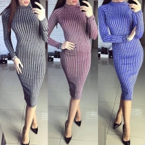 Sexy Solid Color Round Neck Long Sleeve Slim Fit Dress