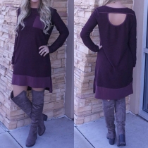 Fashion Long Sleeve Round Neck Backless Patch Pocket Relaxed Dress