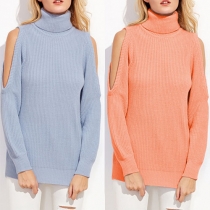 Trendy Solid Color Long Sleeve Turtleneck Cold Shoulder Sweater