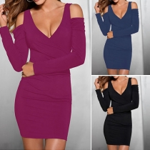 Sexy Solid Color V-neck Long Sleeve Cold Shoulder Slim Fit Dress