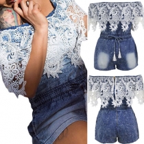 Sexy Lace Spliced Off Shoulder Backless Gathered Waist Denim Romper