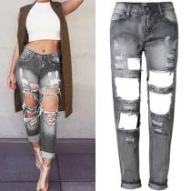 Distressed Style Zip Fly Roll-up Hem Damage Jeans For Women