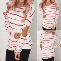 Casual Style Round Neck Long Sleeve Patch Spliced Striped Tops