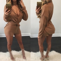Sexy Solid Color Deep V-neck Long Sleeve Gathered Waist Romper