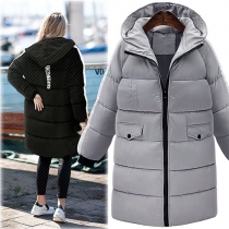 Fashion Contrast Color Front Zipper Hooded Long Sleeve Women's Warm Padded Coat