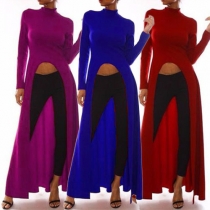 Sexy Solid Color Mock Neck Long Sleeve Exposed Navel Maxi Dress