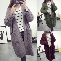 Fashion Solid Color 2 Side Pockets Long Sleeve Knit Sweater Cardigan