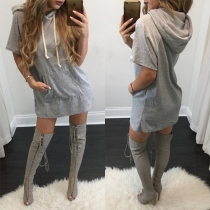 Casual Style Front Pocket Short Sleeve Hooded Loose-fitting Sweatshirt Dress