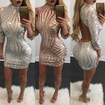 Sexy Sequin Spliced Round Neck 3/4 Sleeve Backless Bodycon Dress