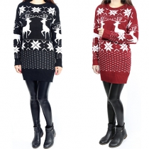  Sweet Style Reindeer Snowflake Printed Round Neck Long Sleeve Knit Sweater