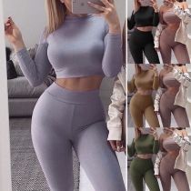 Sexy Solid Color Mock Neck Long Sleeve Crop Tops + Pants Two-piece Set