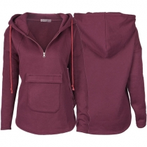 Casual Style Solid Color Front Pocket Hooded Zipper V-neck Long Sleeve Sweatshirt