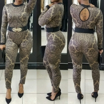 Sexy Printed Round Neck Long Sleeve Back Keyhole High Waist Jumpsuit