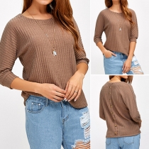 Stylish Solid Color Round Neck Long Sleeve Back Single-breasted Knit Sweater
