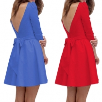 Sexy Solid Color Round Neck 3/4 Sleeve V Back Bowknot Gathered Waist Dress