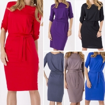 Trendy Solid Color Round Neck Button-tab Sleeve Gathered Waist Dress