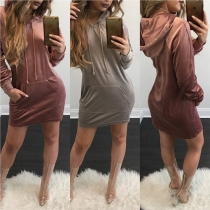 Casual Style Solid Color Front Pocket Long Sleeve Hooded Relaxed Sweatshirt Dress