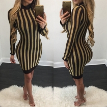 Sexy Long Sleeve Mock Neck Bronzing Striped Slim Fit Dress
