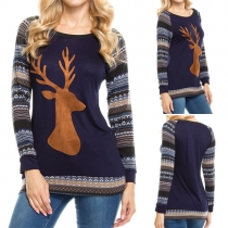 Fashion Elk Printed Round Neck Raglan Sleeve T-shirt