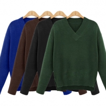 Concise Style Solid Color V-neck Long Sleeve Side Slit Relaxed Knit Sweater
