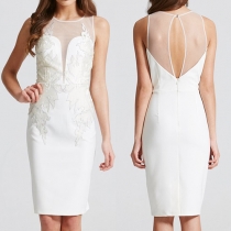 Sexy Solid Color Gauze Embroidery Spliced Round Neck Sleeveless Backless Slim-fitting Dress