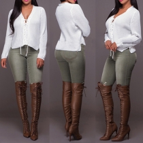 Sexy Solid Color Front Lace-up V-neck Long Sleeve Side Slit Crop Sweater