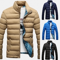 Stylish Solid Color Stand Collar Front Zipper Long Sleeve Men's Padded Coat