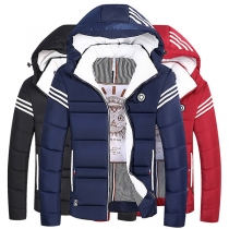 Casual Style Striped Spliced Hooded Long Sleeve Front Zipper Men's Padded Coat
