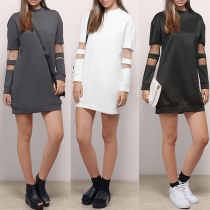 Casual Style Solid Color Gauze Spliced Round Neck Long Sleeve Relaxed Dress