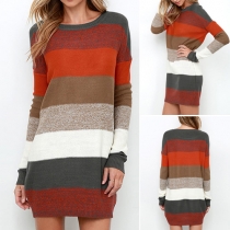 Fashion Contrast Color Striped Long Sleeve Round Neck Sweater Dress