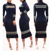 Fashion Striped Spliced Long Sleeve Turtleneck Slim-fitting Ribbed Dress