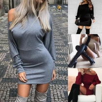 Sexy Solid Color Off Shoulder Long Sleeve Slim Fit Dress