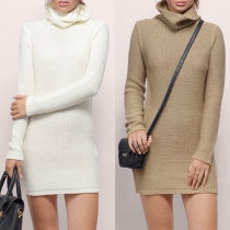Stylish Solid Color Long Sleeve Turtleneck Slim Fit Knit Sweater Dress