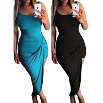 Sexy Solid Color Low-cut Sleeveless Irregular Hemline Slim Fit Dress