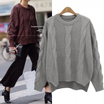 Fashion Solid Color Round Neck Long Sleeve High-low Hemline Twisted Knit Sweater