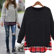 Trendy Lattice Spliced Long Sleeve Round Neck Loose-fitting Knit Tops