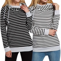 Casual Style Side Zipper Long Sleeve Double-layer Hooded Striped Sweatshirt