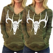 Trendy Deer Printed Front Pocket Long Sleeve Hooded Camouflage Sweatshirt