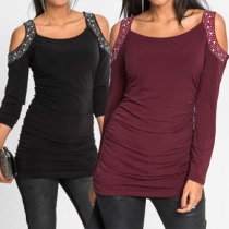 Sexy Solid Color Hot Fix Rhinestone Cold Shoulder Round Neck Long Sleeve Tops