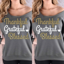 Casual Style Bronzing Letters Printed Long Sleeve Round Neck Women's T-shirt