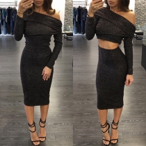 Sexy Oblique Shoulder Long Sleeve Crop Tops + Slim Fit Skirt Two-piece Set