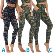 Fashion Buttons Down Drawstring Waist Camouflage Pants For Women