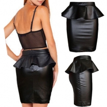 Sexy Solid Color Artificial Leather Peplum Skirt