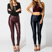 Sexy Solid Color High Waist Slim Fit PU Pants For Women